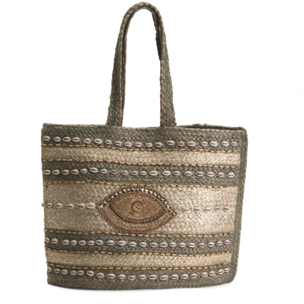 NATASHA Tan & Green Evil Eye Tote With Seashell Sequin & Bead Embellishments.